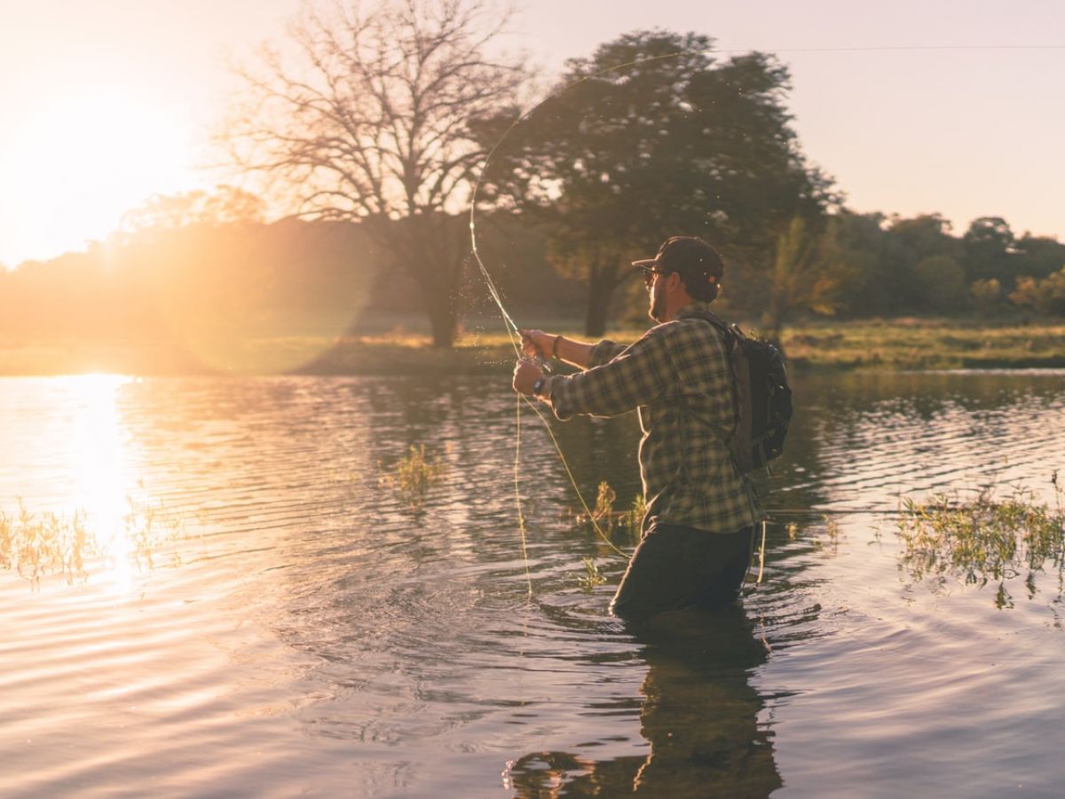 A person stands knee-deep in water, fly-fishing at sunset, surrounded by nature with trees in the background.