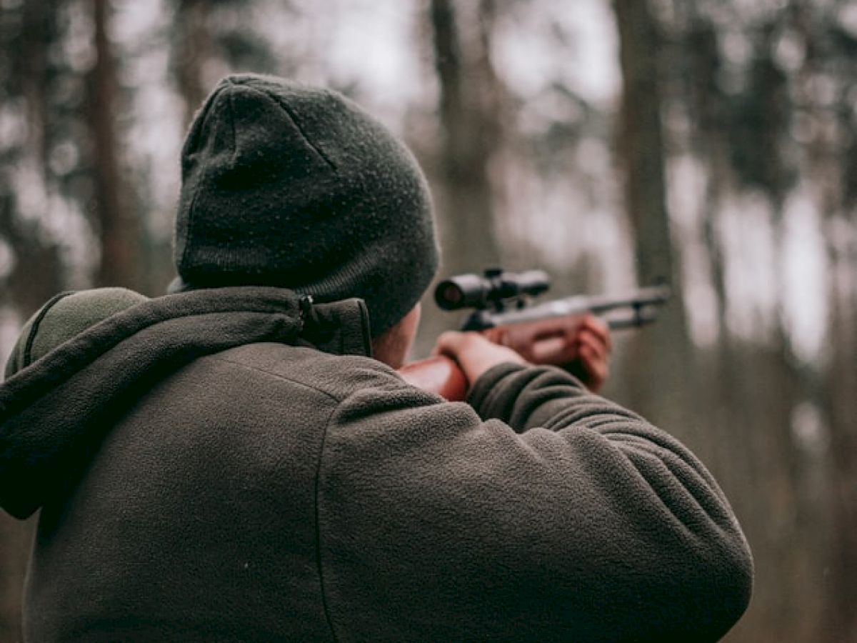 A person in a dark jacket and beanie aims a rifle in a forest setting with tall trees in the background.