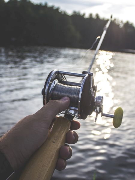 A person is holding a fishing rod over a lake, with the sun reflecting on the water and trees in the background.