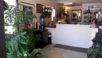 A reception area with various plants, framed pictures on the walls, and a white counter with decorations and a Buddha statue.